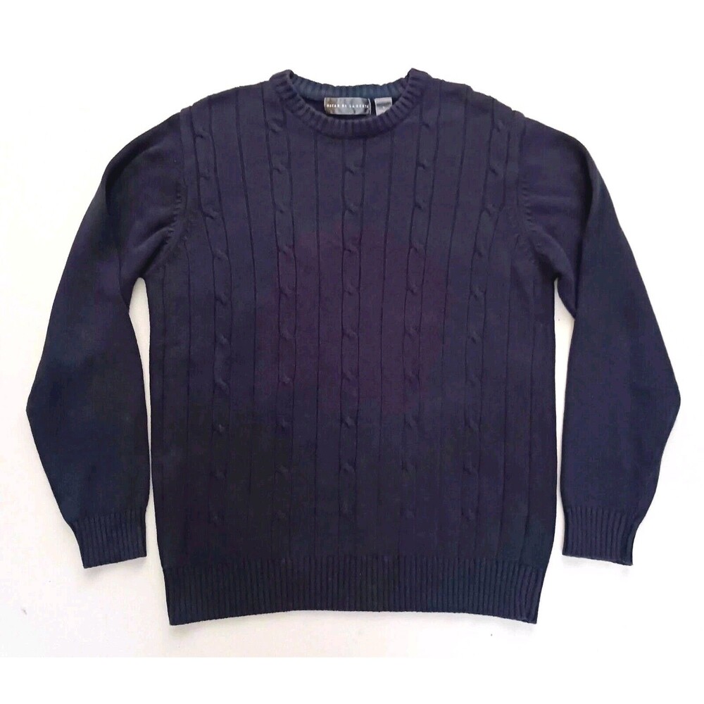 Oscar de la Renta Men's Navy Cotton Cable Knit Crew Neck Sweater Sz L